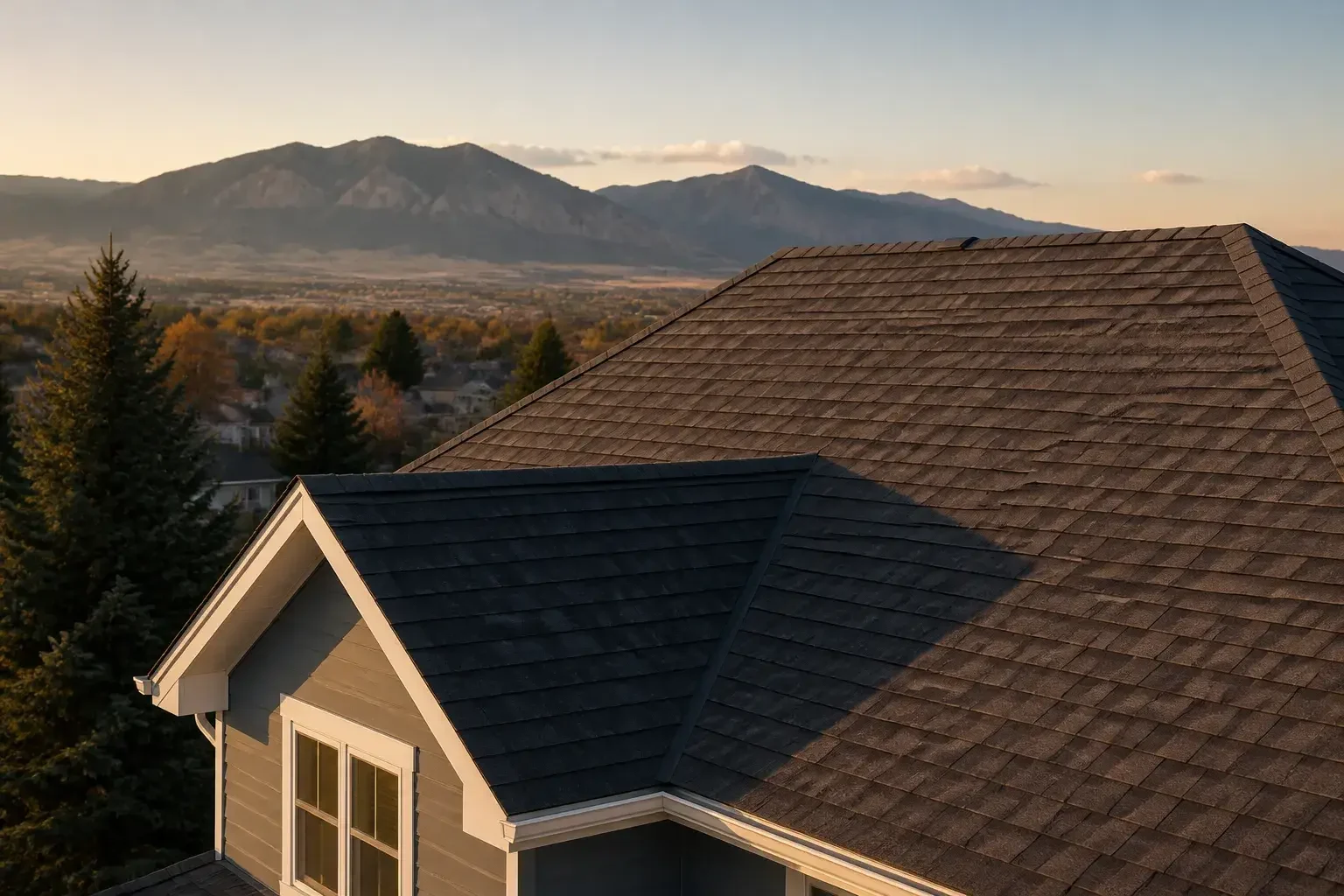 Finished Denver roof repair with foothills in the background