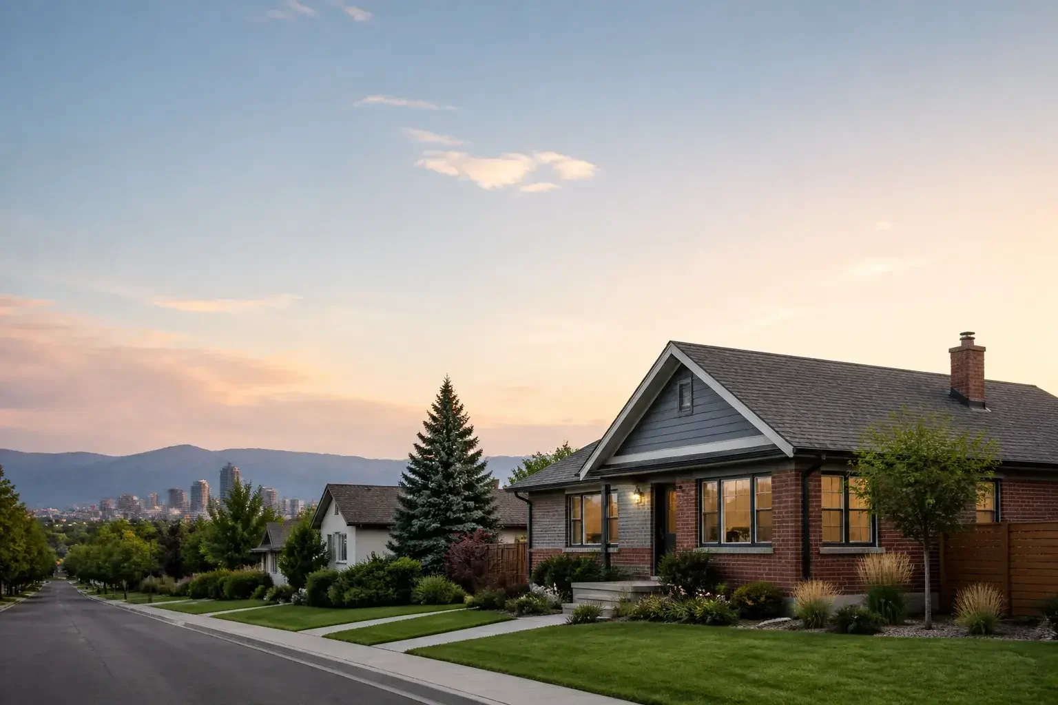 Calm Denver neighborhood scene with clean rooflines and open sky