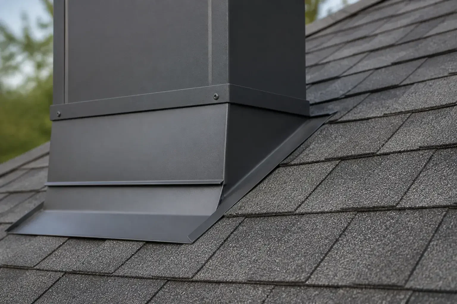 Close detail of shingles and chimney flashing