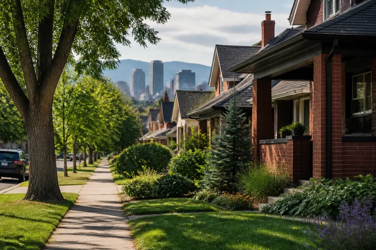Denver neighborhood with homes and distant skyline